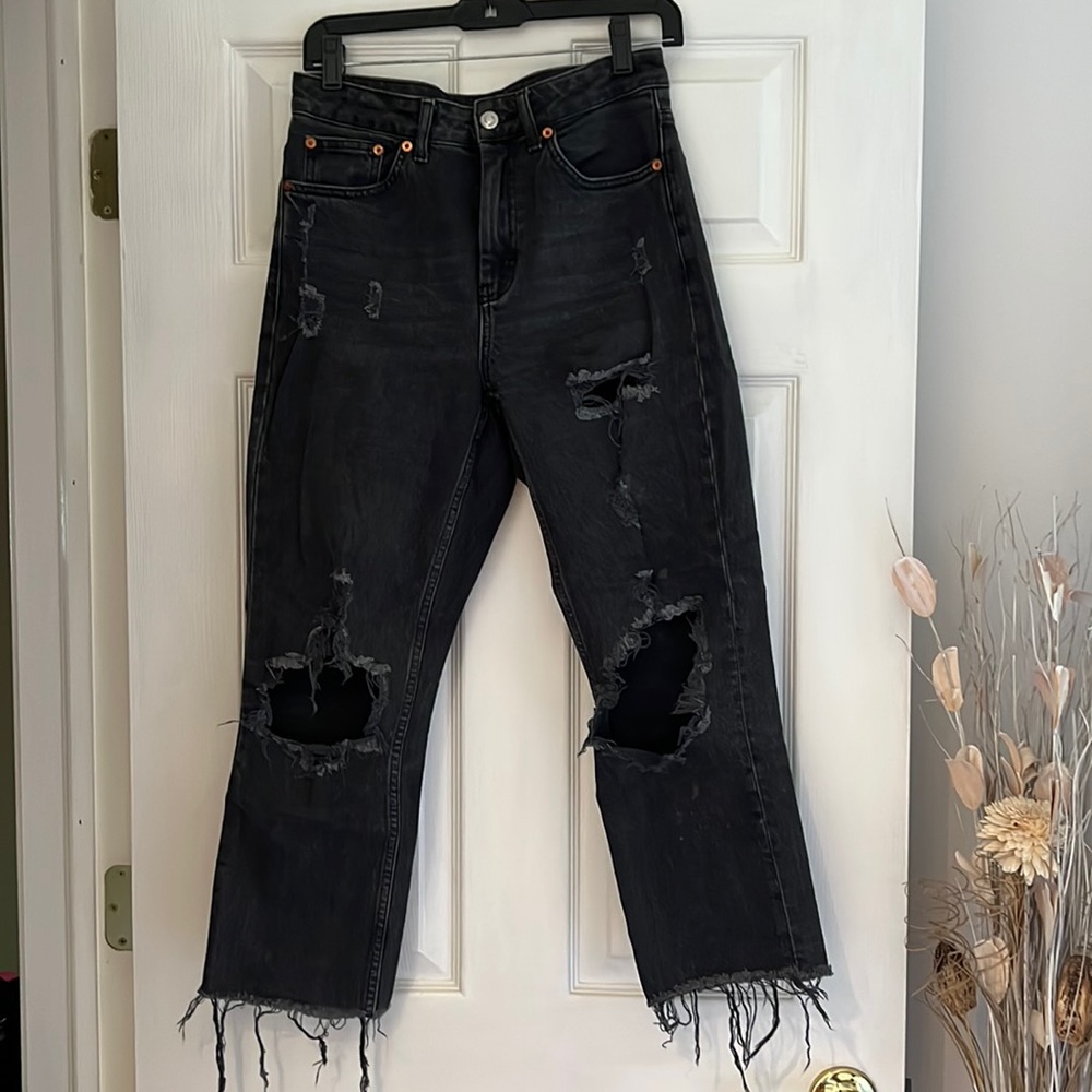 Topshop High-Waisted Straight Legged Distressed Black Denim - Size W28